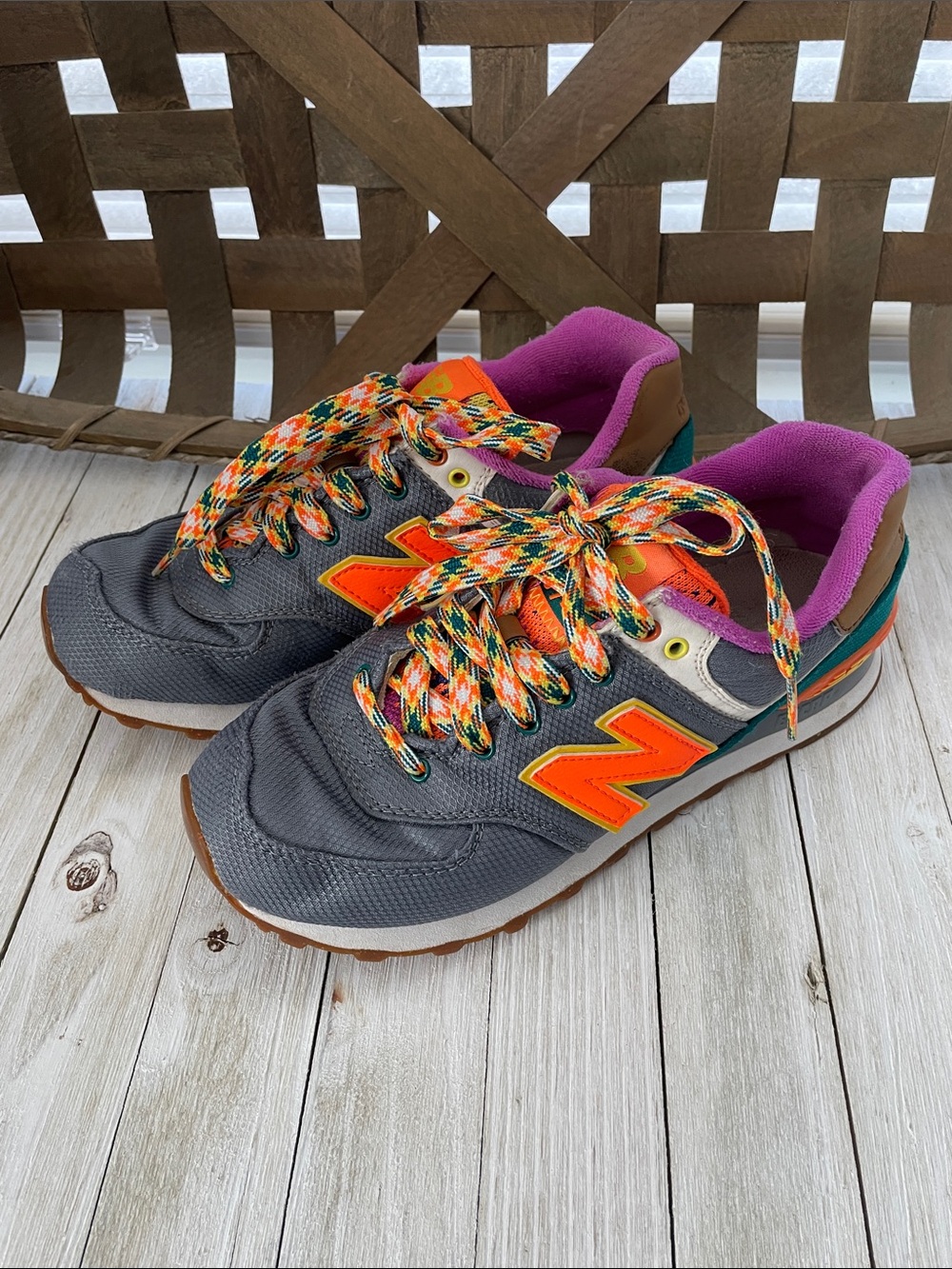 New Balance Gray & Orange Women's Athletic Sneakers with Multicolor Laces